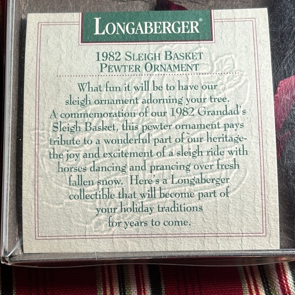 Longaberger 1982 Sleigh Basket Pewter Christmas Ornament NWT - Picture 4 of 4